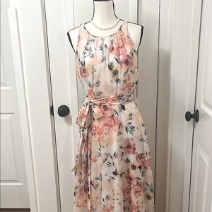 Nicole Miller NY Maxi Dress Pink/Green/Yellow Full Skirt Shirred Bodice Sash EUC